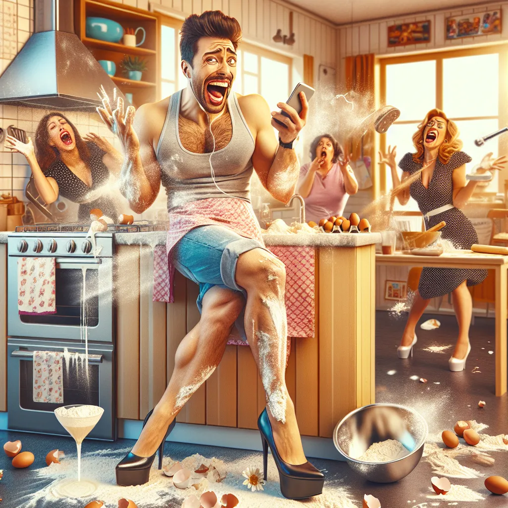A humorous gender-swap comedy unfolds as a man experiences life as his own mom, navigating high heels, kitchen mishaps, and mom group texts gone wild—captured in a chaotic scene of flour and laughter.