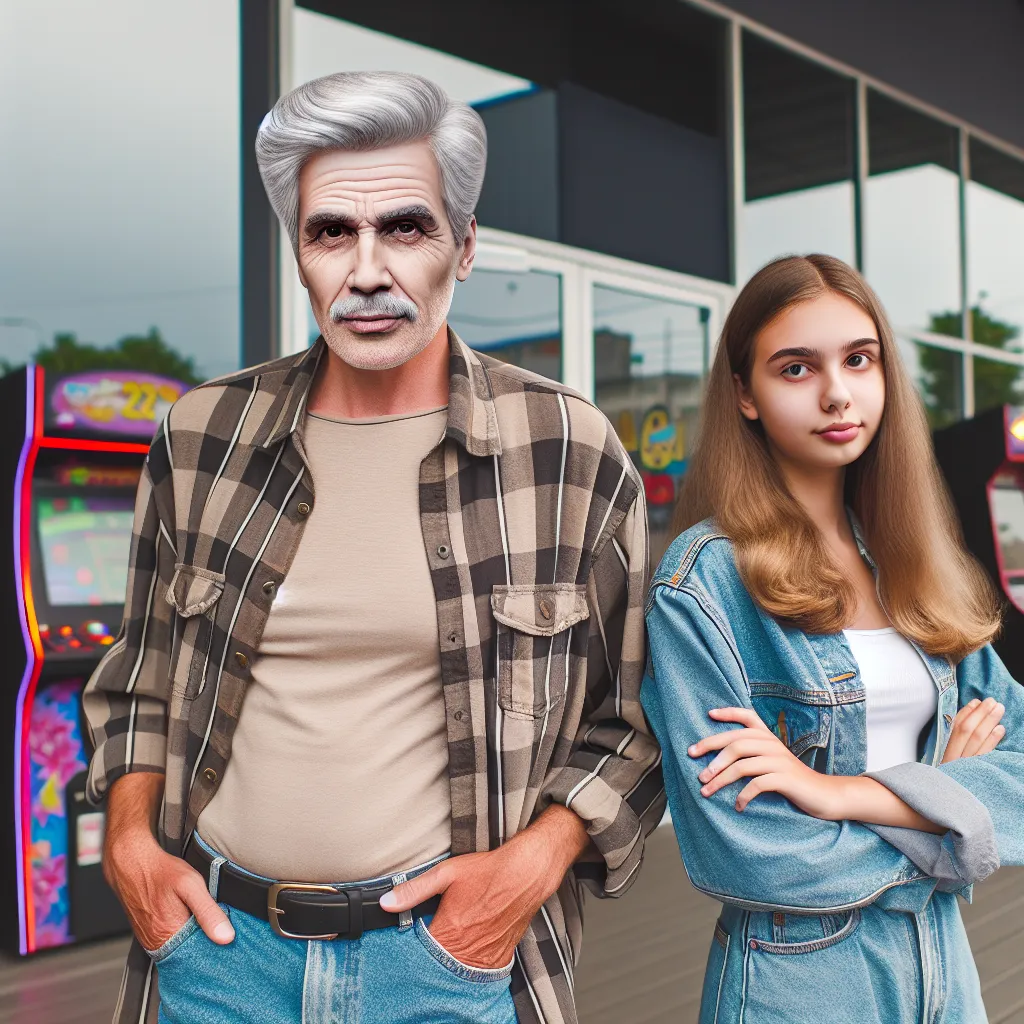 Description: The image depicts two teenage friends, one in a male body and the other in a female body, standing outside an arcade. One friend, a boy named Tony, is seen stuck in the body of his mother, while the other friend, Joey, looks amused. They are both wearing casual clothes and Tony's expression shows a mix of frustration and humor.