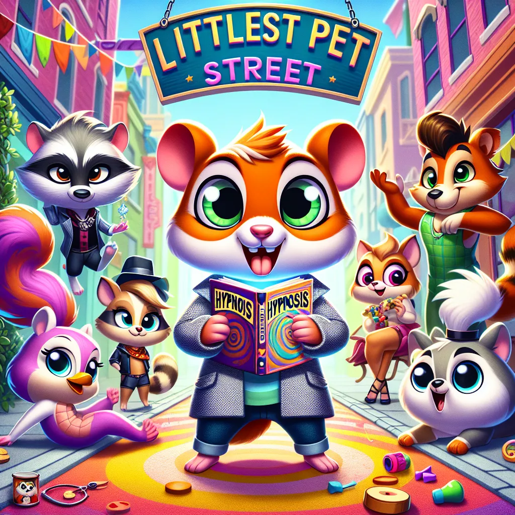 The image accompanying this story depicts a colorful scene in Littlest Pet Street, showing the mischievous hamster Trip clutching a book on hypnosis, his friends gathered around him in anticipation of a prank. Each character's unique personality is visible, with Roxie munching on snacks, Bev doing a handstand, Jade lounging nonchalantly, Edie striking poses, and Quincy peeking out nervously. Trip's energetic demeanor and his friends' varied reactions capture the lighthearted and fun atmosphere o