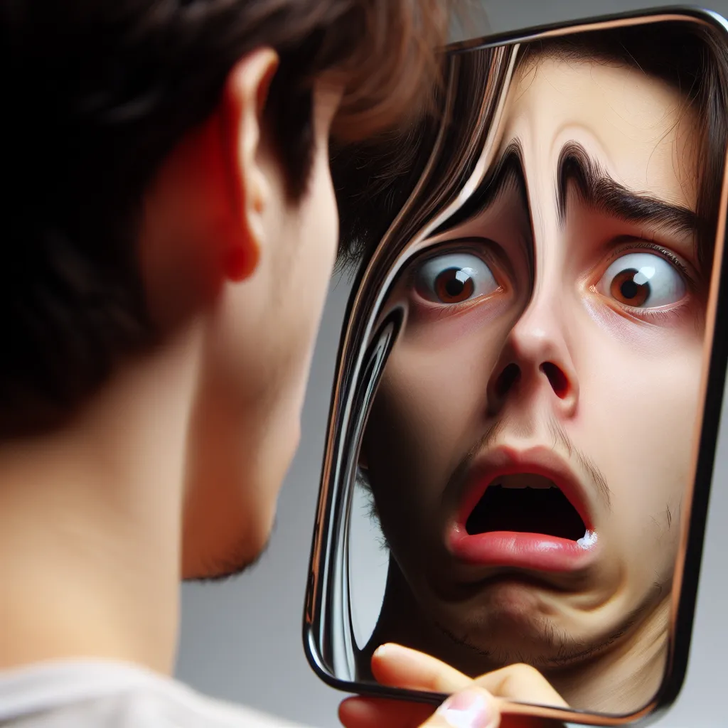 Description: The image is a close-up of a young person's face reflected in a mirror. Their expression is one of shock, fear, and confusion as they discover the distorted reflection of their own gender-swapped body.