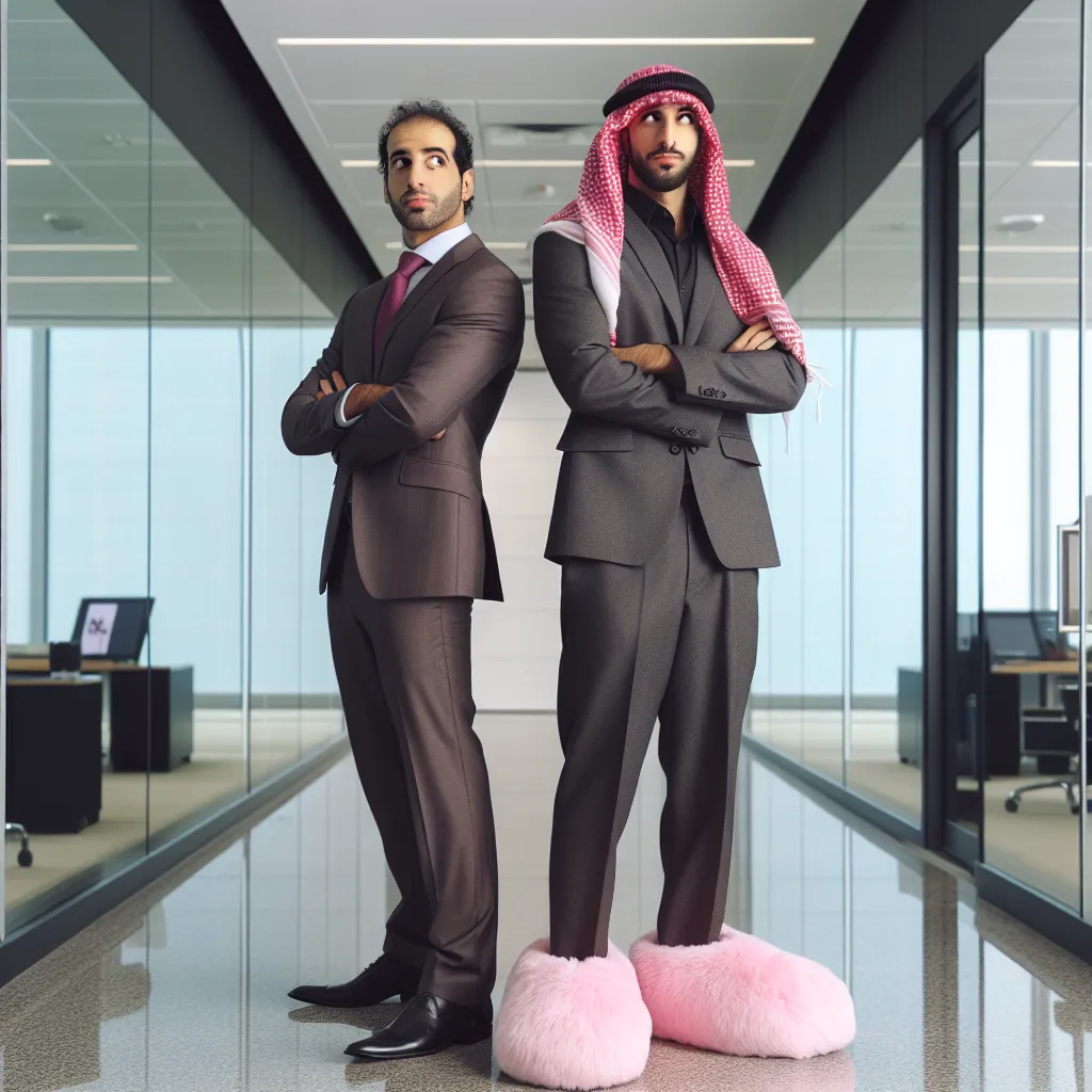 A person in a dress suit with mismatched pink fluffy slippers stands in an office hallway, looking determined yet slightly awkward.