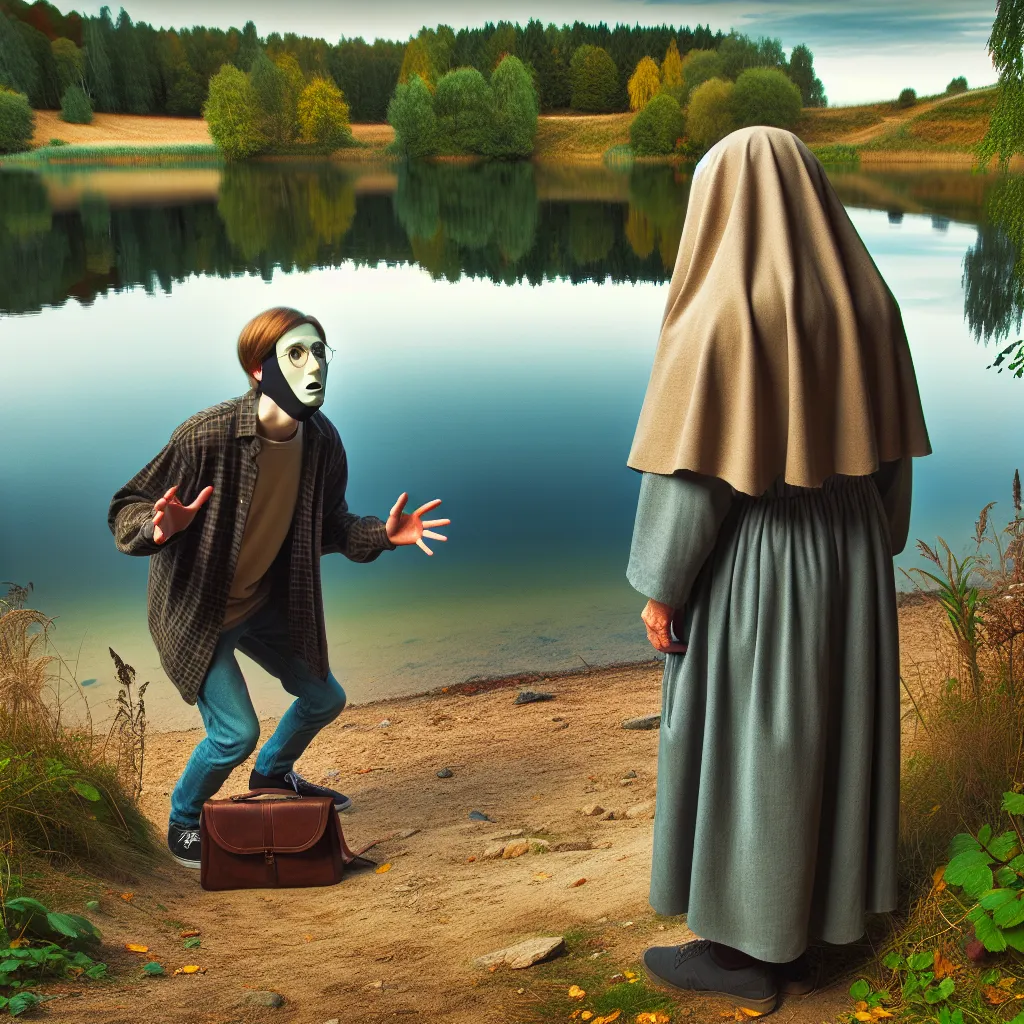 A person, transformed into their friend's mother, stands at the edge of a mysterious lake with astonishment, while their friend, still in their own body, looks on in disbelief and discomfort.