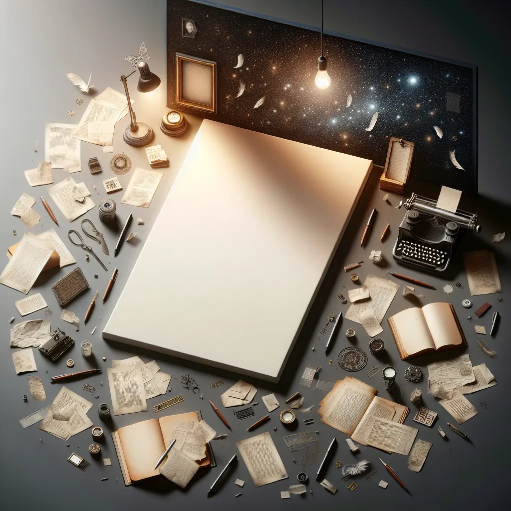 A blank canvas representing a story left unfinished, accompanied by a contemplative writer's desk with scattered papers and a pen.