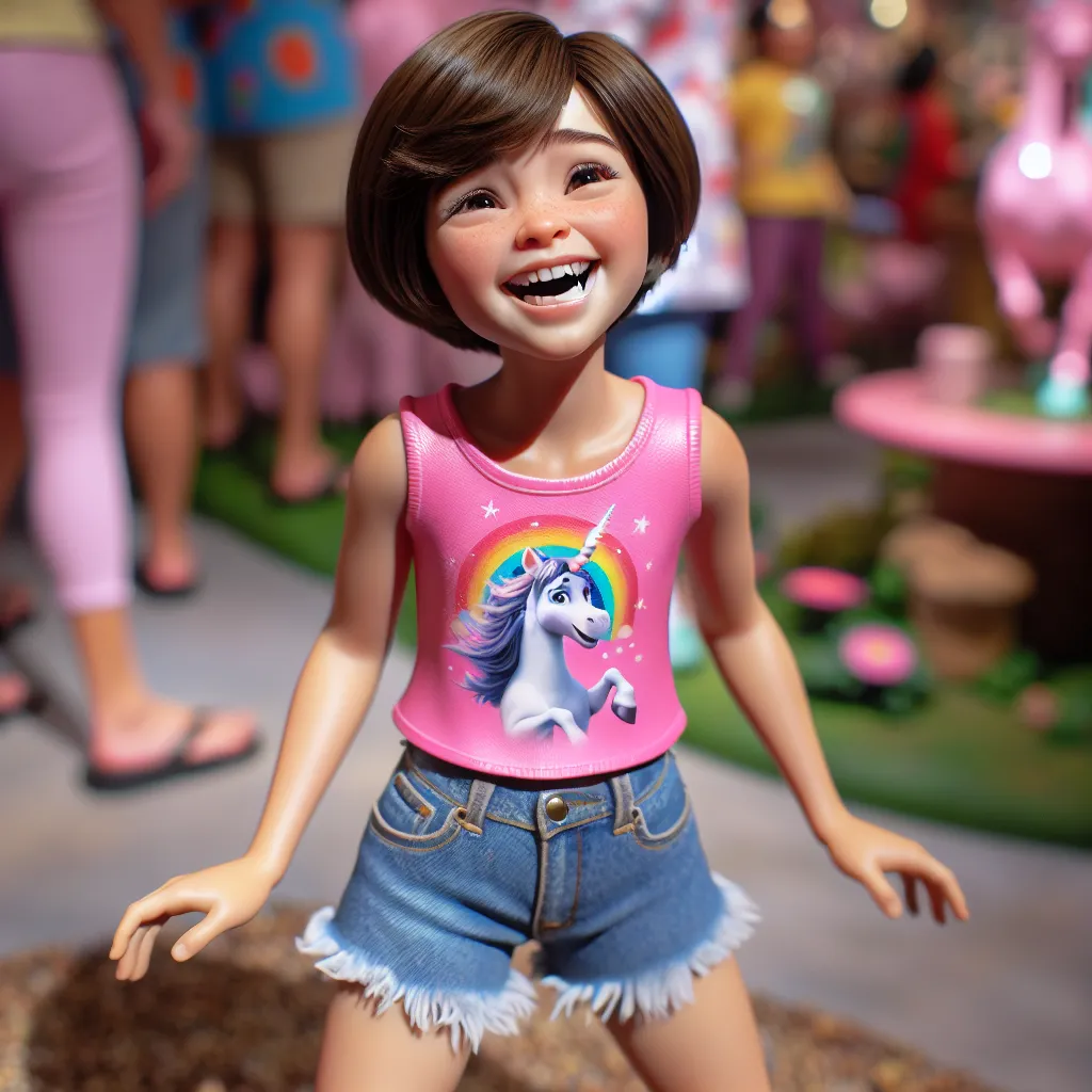 Image description: A colorful and vibrant image featuring a young girl with short, brown hair cropped just above her shoulders. She is wearing a bright pink tank top with a playful unicorn print on the front and denim shorts that are slightly frayed at the bottom. The girl is laughing cheerfully while wearing platform flip flops with thick white soles. She is surrounded by a lively and animated atmosphere, with colorful decorations and objects scattered around the room.