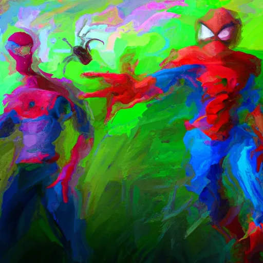 Transformation, Thunderball, Villain, Spider-Man, Battle in the style of Monet