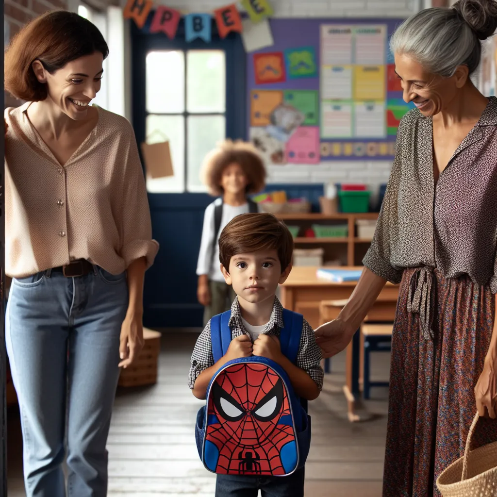 A young boy, Oliver, standing nervously at the doorway of his kindergarten classroom, gripping his Spiderman backpack. His family, including his mother Emma and grandmother Maggie, support him as he embarks on his first day. But as a mysterious event unfolds, Oliver finds himself swapping bodies with his teacher, Mrs. Lewis. Now in the role of Mrs. Lewis, Oliver navigates the challenges of adulthood while Mrs. Lewis adapts to life as a child. The story follows their intertwined journeys of growt