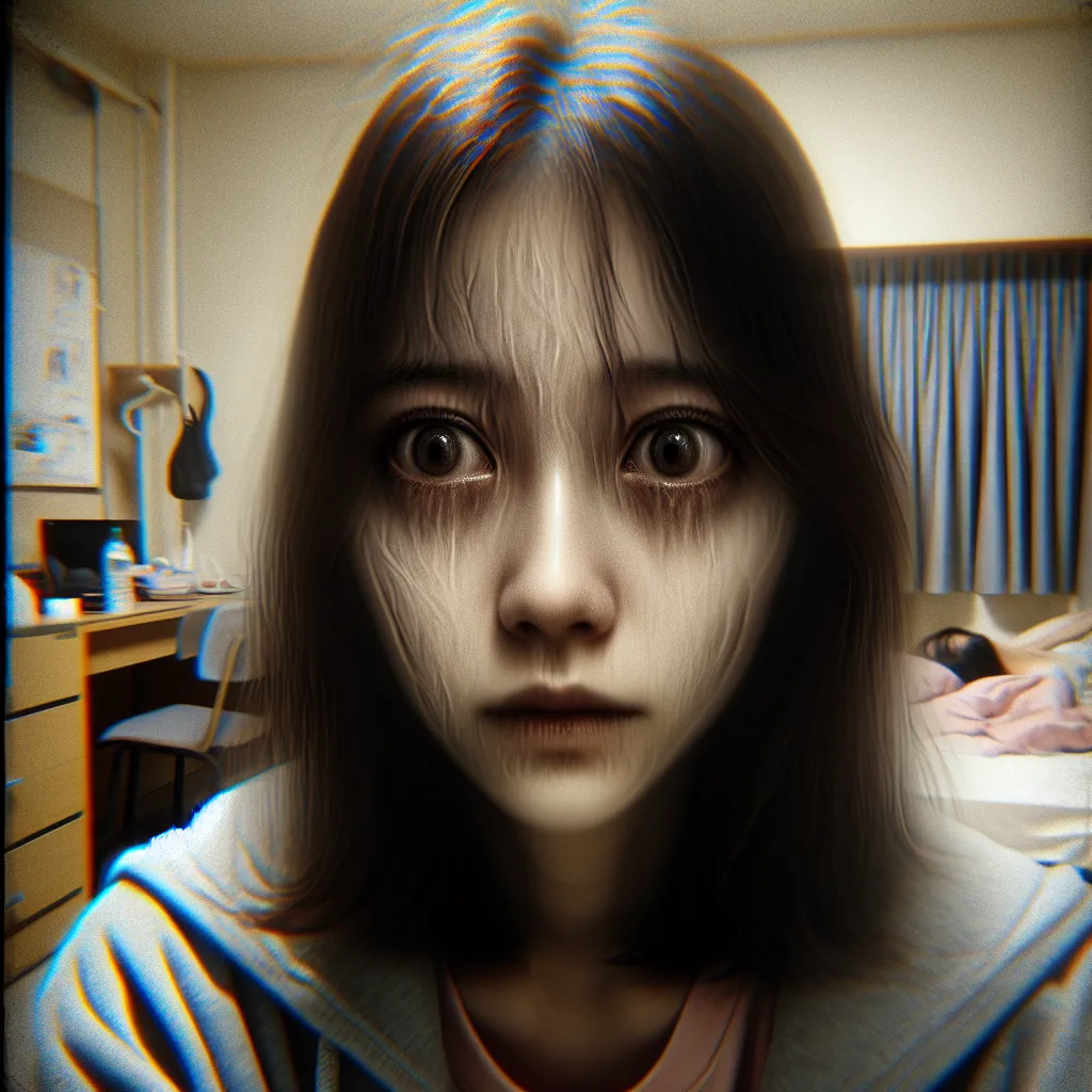 An image that represents the story could be a close-up of the protagonist's face, reflecting confusion and fear, with a subtle transformation happening, such as their hair lengthening or their features softening. The background could be a blurred, distorted version of their dorm room, subtly indicating the shifting reality. The overall tone should be eerie and unsettling, capturing the horror genre of the story.