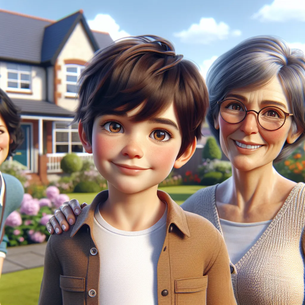 Image of a young boy named Charlie Thomas Linton standing at 3 feet 4 inches, with chestnut brown hair and hazel eyes, shown in a peaceful, suburban setting with his mother and grandmother.