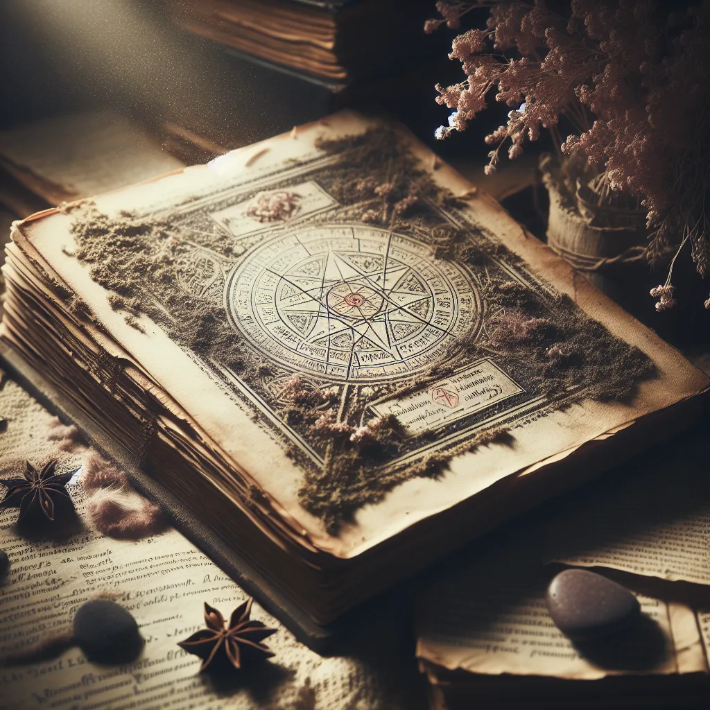 An image of an old, dusty book with an open page showing a mysterious spell, surrounded by dim lighting and a sense of curiosity and adventure.