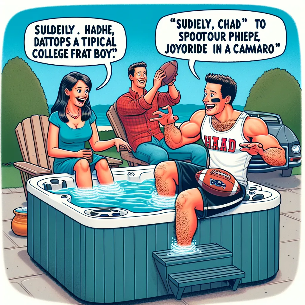 A man in a hot tub with his wife notices her personality shift and a new persona named Chad emerges. Chad, a college frat boy, marvels at his wife's body and engages in humorous activities, like attempting to catch a football and going for a joyride in a Camaro. The wife eventually returns to her usual self, and the couple reflects on the hilarity and uniqueness of their relationship.