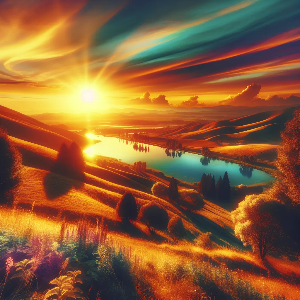 A picturesque landscape at sunset with vibrant, golden hues illuminating a serene and tranquil scene of rolling hills and a glistening lake.