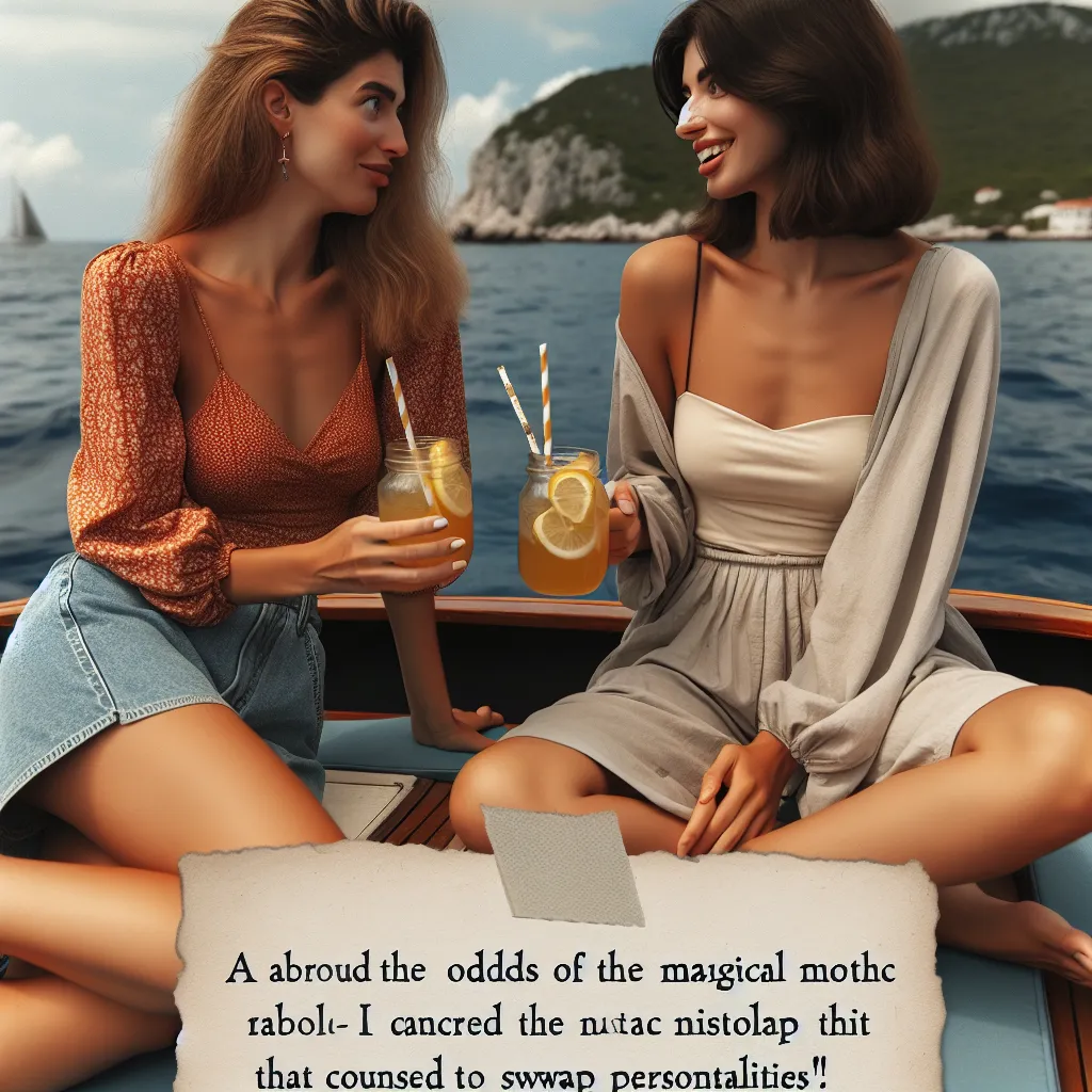 Description: Two friends, one in a tight one-piece swimsuit and the other in a dress, sit on a boat, laughing and holding beers. They jokingly discuss a body-swapping mishap caused by a spell, with one friend now inhabiting his ex's curvaceous form. As they enjoy the mesmerizing sea vista, they reflect on the absurdity of their situation and toast to their enduring friendship.