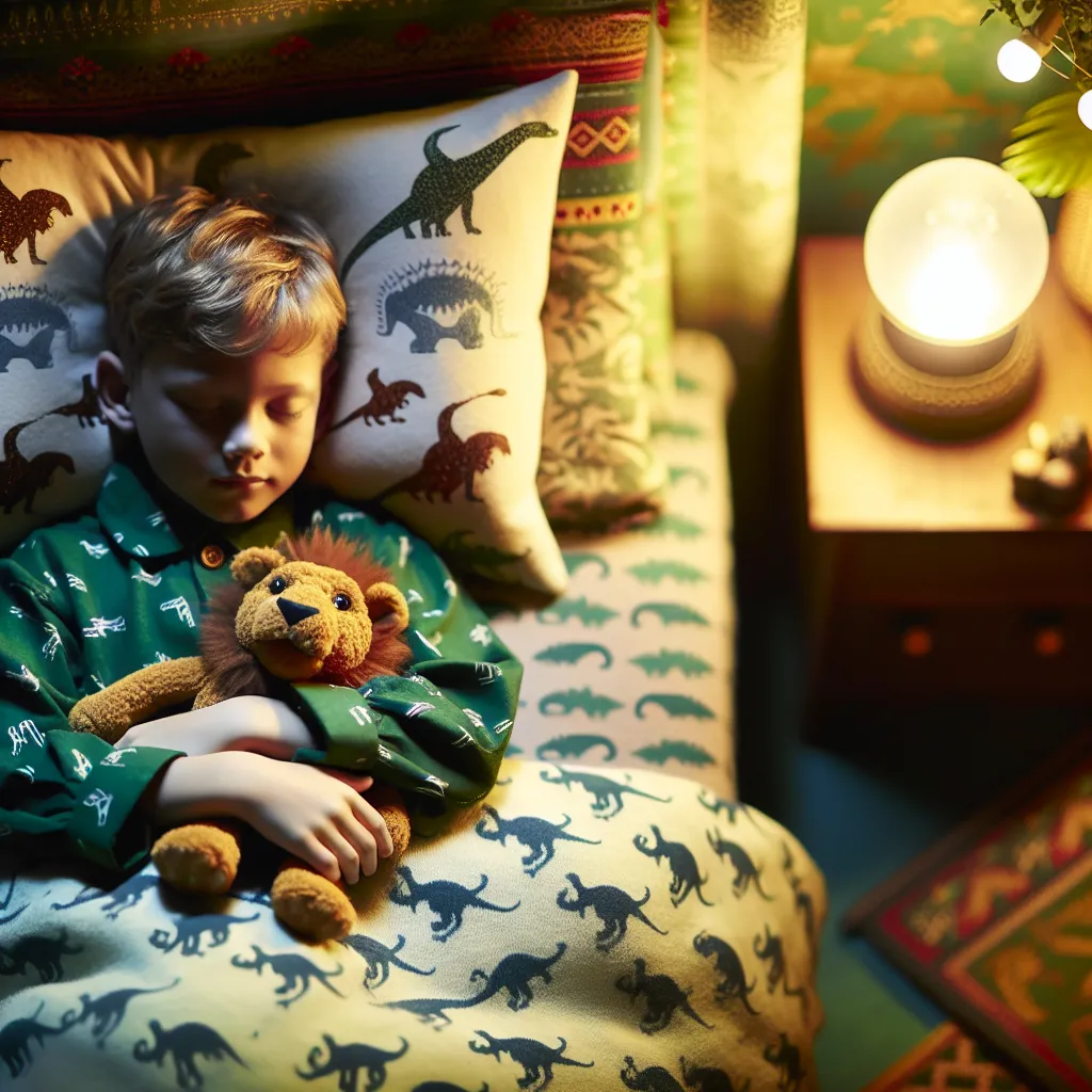 The image will depict a young boy clutching a stuffed lion as he drifts off to sleep, surrounded by familiar green dinosaur pajamas in a cozy bedroom. Through his open doorway, a glimpse of the young boy's serene, innocent face can be seen, bathed in the warm glow of a nightlight.