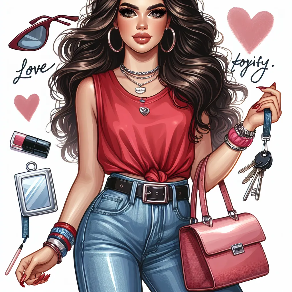 A confident and stylish young woman named Olivia, with dark wavy hair and hazel eyes, stands tall in a trendy outfit consisting of a red crop top, skimpy denim shorts, and silver platform sandals. She holds a pink purse and accessorizes with sunglasses, a compact mirror, keys, and lip gloss. Olivia's transformation from her previous life as Lucas, a 7-year-old boy, is complete, and she embraces her new identity with love and positivity. Her journey inspires others to embrace their true selves an