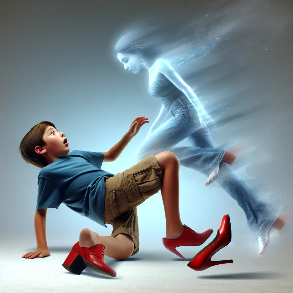 A young boy named Ethan, wearing a blue t-shirt and khaki shorts, stumbles over a pair of red strappy stilettos belonging to Evelyn, his friend Lily's mother. As Ethan falls, his feet start to transform into those of a woman, as shapes, features, and memories change. Confused and frightened, he calls out for help, but no one responds. The transformation continues, altering Ethan into Evelyn, erasing his memories and merging him with her life. The image could depict Ethan's initial stumble over t