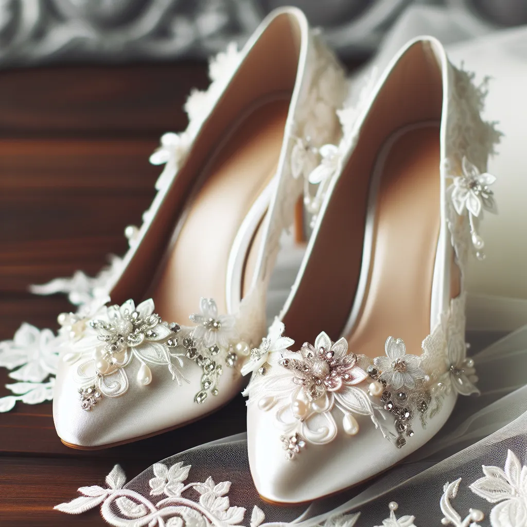 An image to accompany this story could be a close-up of a pair of white satin wedding heels. The shoes should be delicate and elegant, with intricate beadings and lace designs.