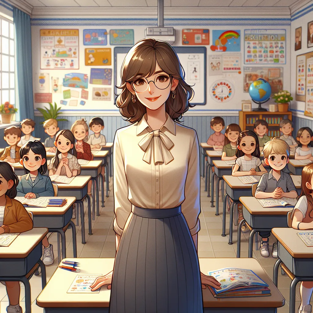 Image Description: The image depicts a classroom setting with colorful posters on the walls and desks neatly arranged in rows. In the center, a kind-looking teacher stands at the front of the room, smiling warmly. The teacher has shoulder-length brown hair, glasses, and is dressed in a cream-colored blouse and a navy knee-length skirt. The students, a diverse group of children, sit attentively at their desks, their faces filled with excitement and curiosity. The image conveys a sense of warmth, 