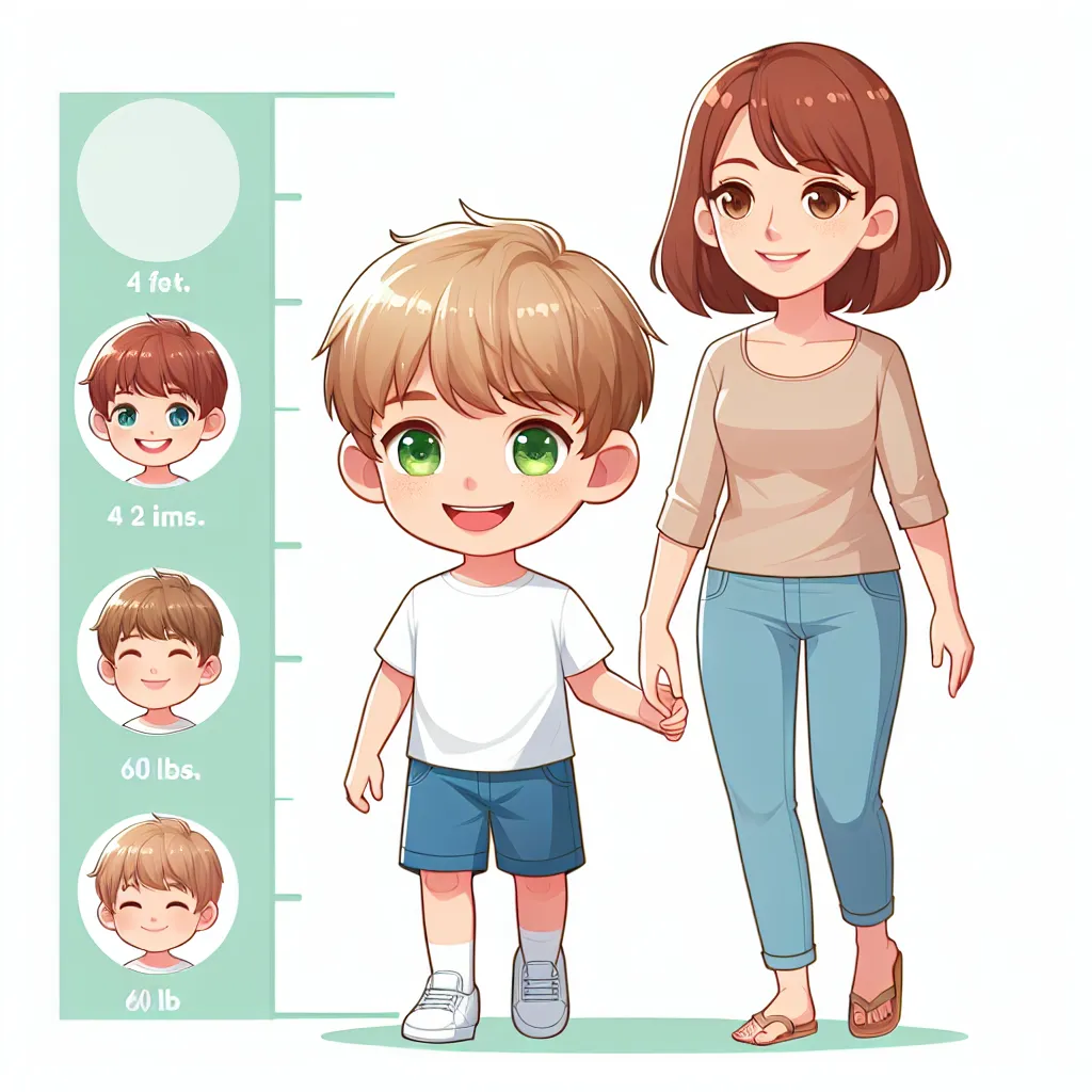 The image will show a young boy named Jonathan, with sandy blonde hair and bright green eyes. He is standing at 4 feet 2 inches tall, weighing 60 pounds. Next to him is his mom, Melissa, who has chestnut brown hair, hazel eyes, and is 32 years old. They are walking hand-in-hand, with Jonathan wearing a big smile on his face.