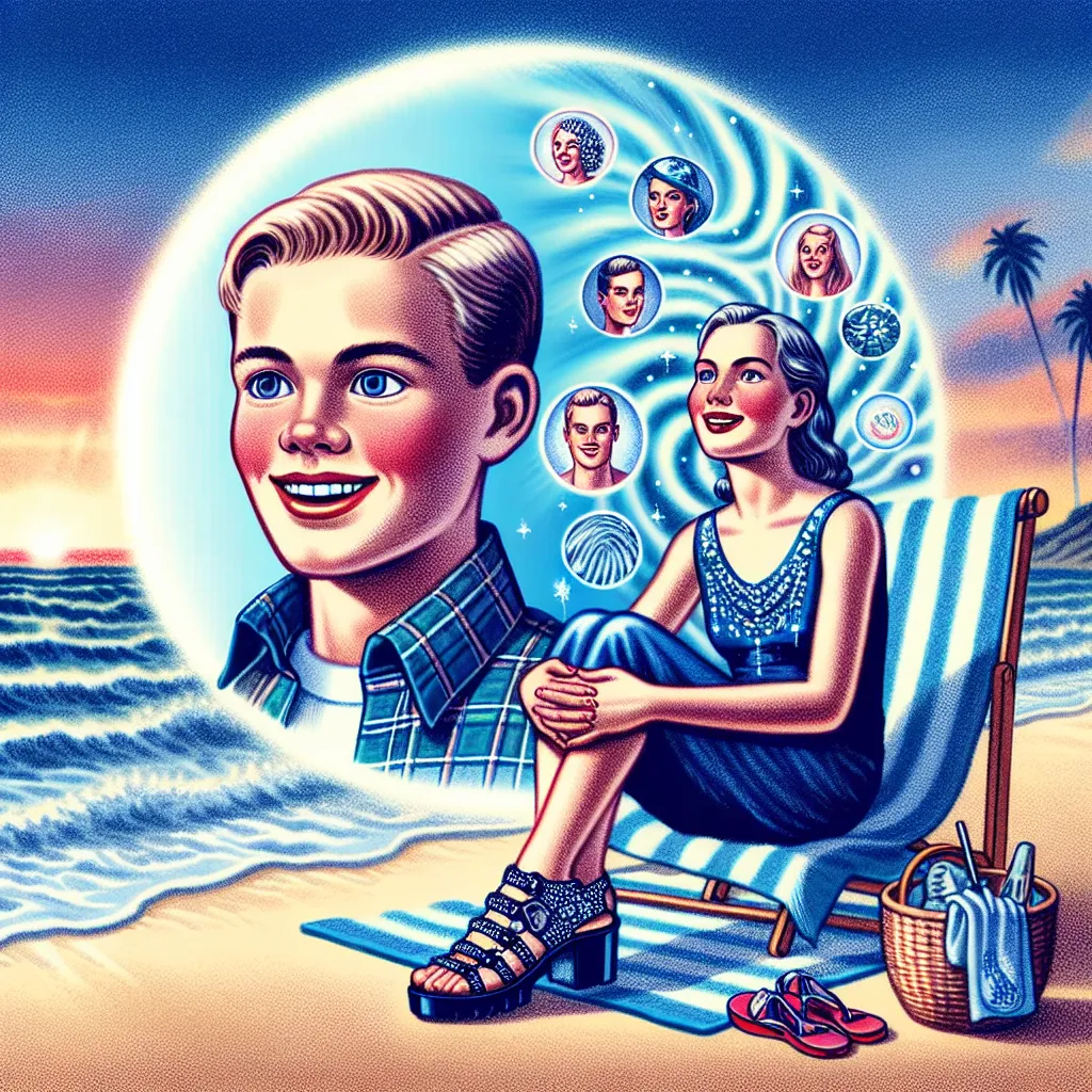 A young boy named Ethan mysteriously transforms into a woman named Linda, complete with beach attire and accessories, in a series of detailed, surreal changes throughout a house. Linda, now fully embracing her new identity, enjoys a day at the beach with her husband Alan, sharing intimate moments and creating lasting memories under the sunset. The image will capture Linda in her blue bikini, donning platform sandals and glittering jewelry, exuding joy and contentment as she lounges on a beach to