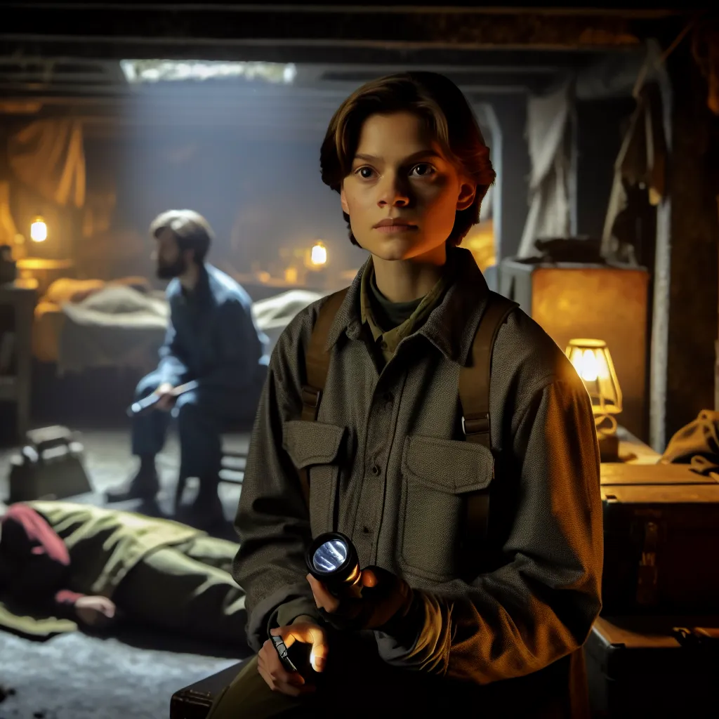 A determined young woman, Laura, stands guard in a dimly lit basement while her companion, Gambit, sleeps. She is resolute in her loyalty and vigilant in the face of danger.