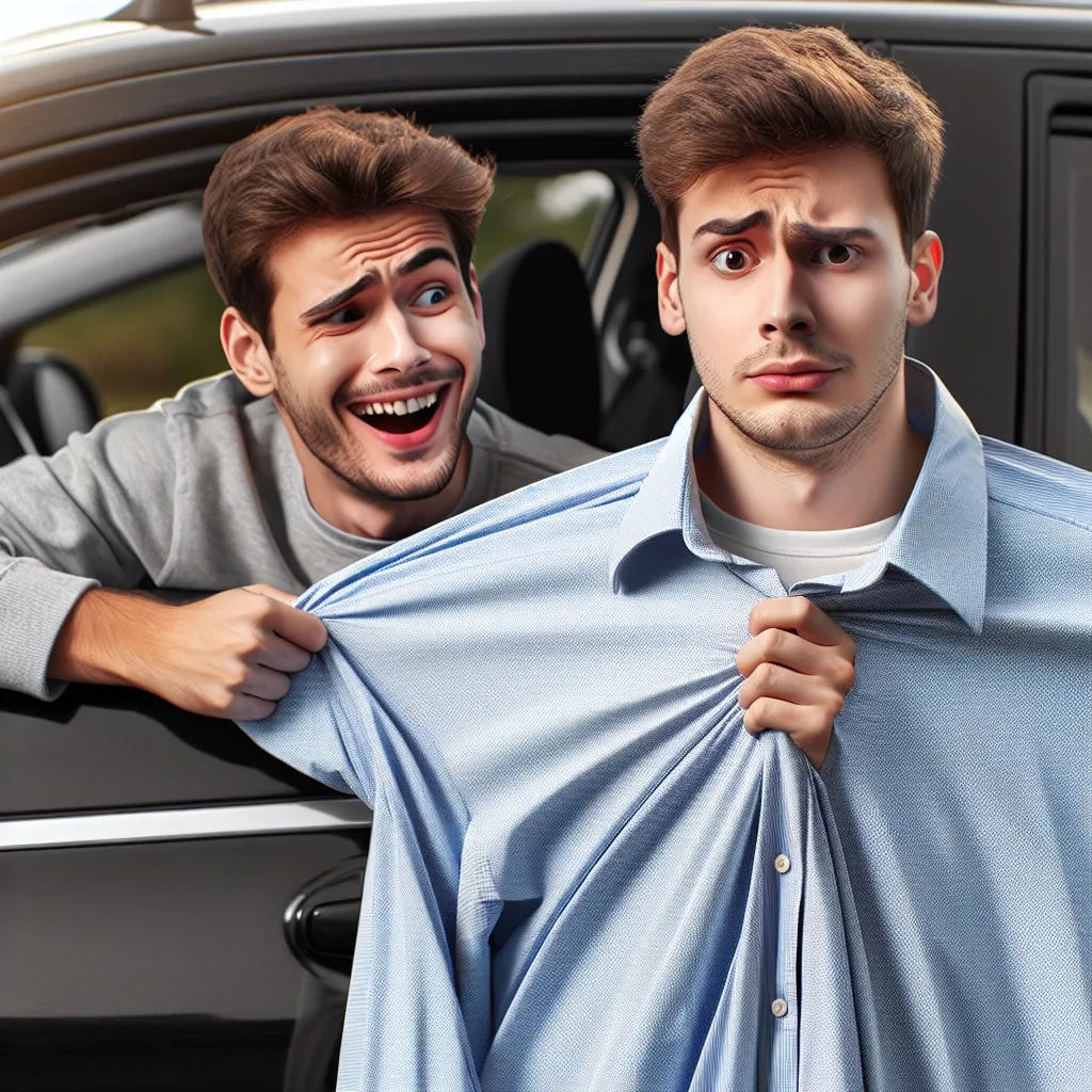 The image accompanying this story should depict two young men, one with a surprised expression and the other with a mischievous smirk, standing near a car. The young man with the mischievous smirk should be wearing a woman's blouse that is a bit too big for him, drawing attention to the size of his chest. This humorous image should capture the essence of the story's "swapped bodies" scenario and the comedic adventures of the protagonists.