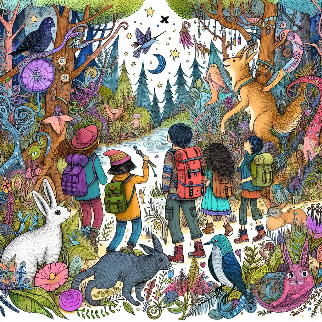 A whimsical, hand-drawn illustration featuring a group of adventurous friends exploring a mystical forest filled with enchanted creatures and vibrant flora.