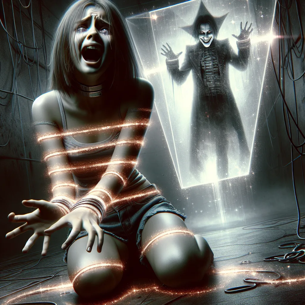 The image accompanying this story depicts a young girl trapped in a dark, boundless void. Chains of shimmering, otherworldly magic wrap tightly around her wrists, ankles, and neck. The girl's face is filled with fear and desperation as she struggles against her captivity. In the distance, a flickering screen shows her own body, controlled by an imposter. A sinister smile can be seen on the imposter's face, contrasting with the girl's helplessness and despair.
