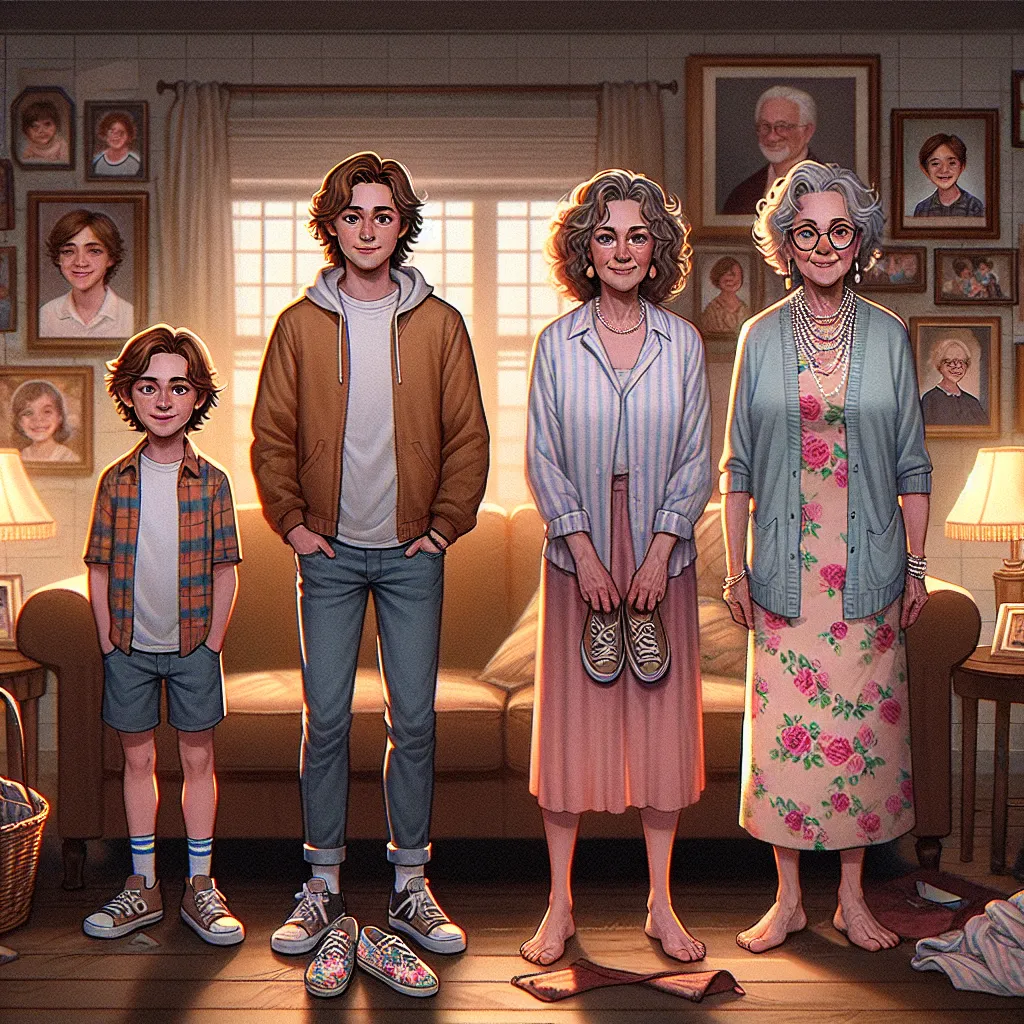 A transformation story: A young boy named Evan Carter unknowingly morphs into his elderly grandmother, Ruth, changing from child to woman in a pair of floral print sandals. Images of both Evan and Ruth, showcasing the process of Evan's aging and eventual transformation into Ruth, surrounded by familiar items like a pastel house dress, pearl earrings, and the cherished floral sandals.