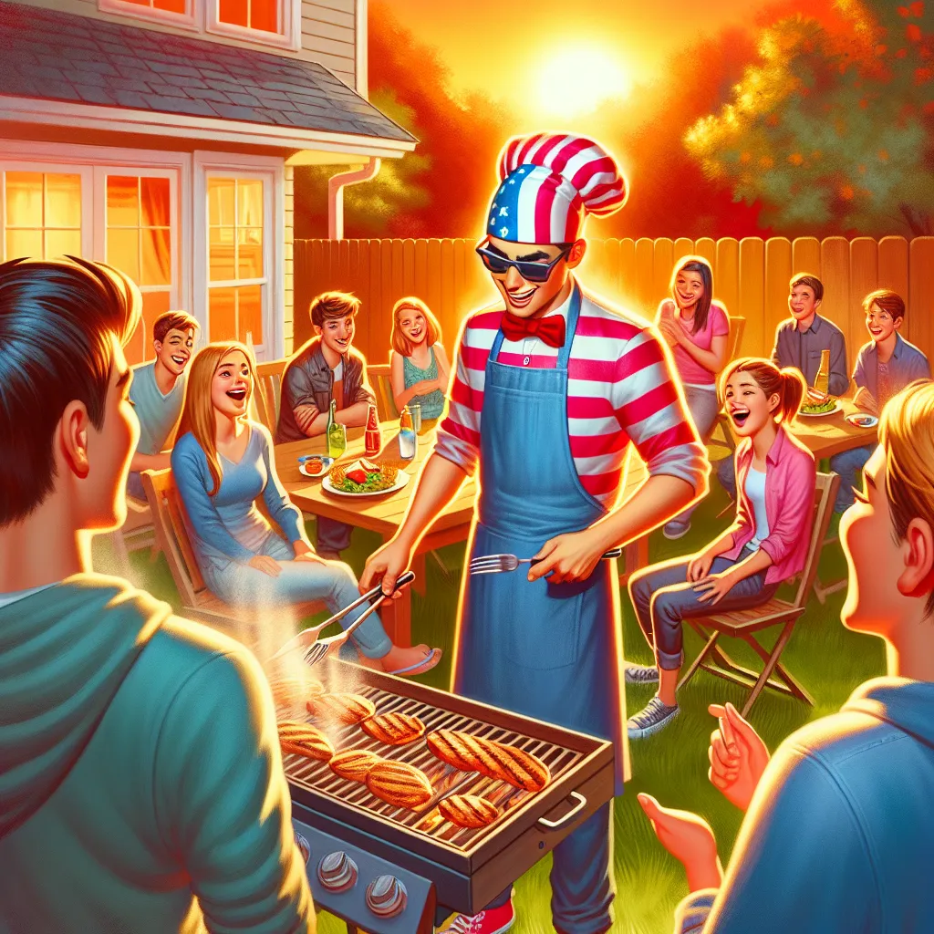 The image accompanying this story shows a group of teenagers gathered around a grill in the backyard. The grill master, Jake, is standing in the center, wearing a red, white, and blue bikini, despite being a boy. His friends are laughing and joking with him as he flips burgers and sausages. Jake's mom, Suzanne, is also present, observing the scene with an amused expression. The vibrant and sunny atmosphere reflects the lightheartedness of the story.