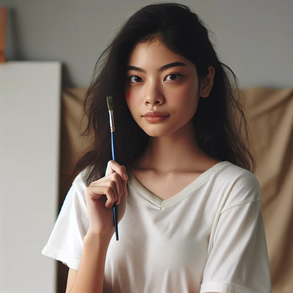 Image description: A young woman holding a paintbrush, standing in front of a blank canvas, her eyes filled with determination.