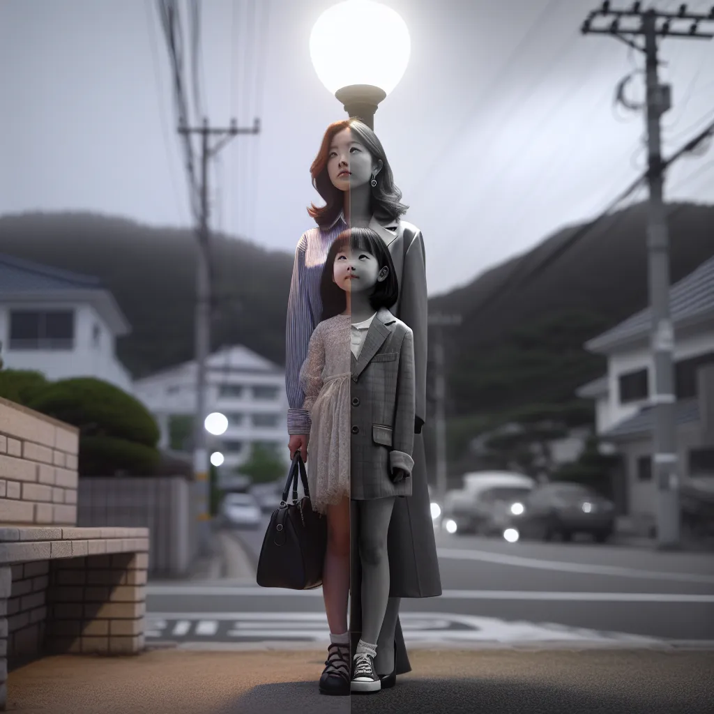 A girl named Lily Anderson, transformed into a Korean woman named Sun Hee Park, stands under a streetlight in a suburban town. She wears an elegant outfit and gazes into the distance with a sense of serenity and wisdom. The image captures the duality of her existence, blending the innocence of youth with the grace of age, as she navigates her new life with purpose and clarity.