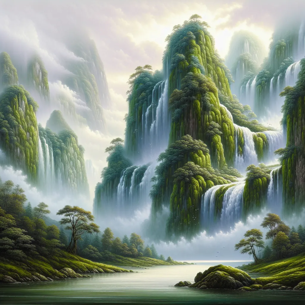 A stunning image of a serene, mountainous landscape shrouded in mist with waterfalls cascading down lush green cliffs.