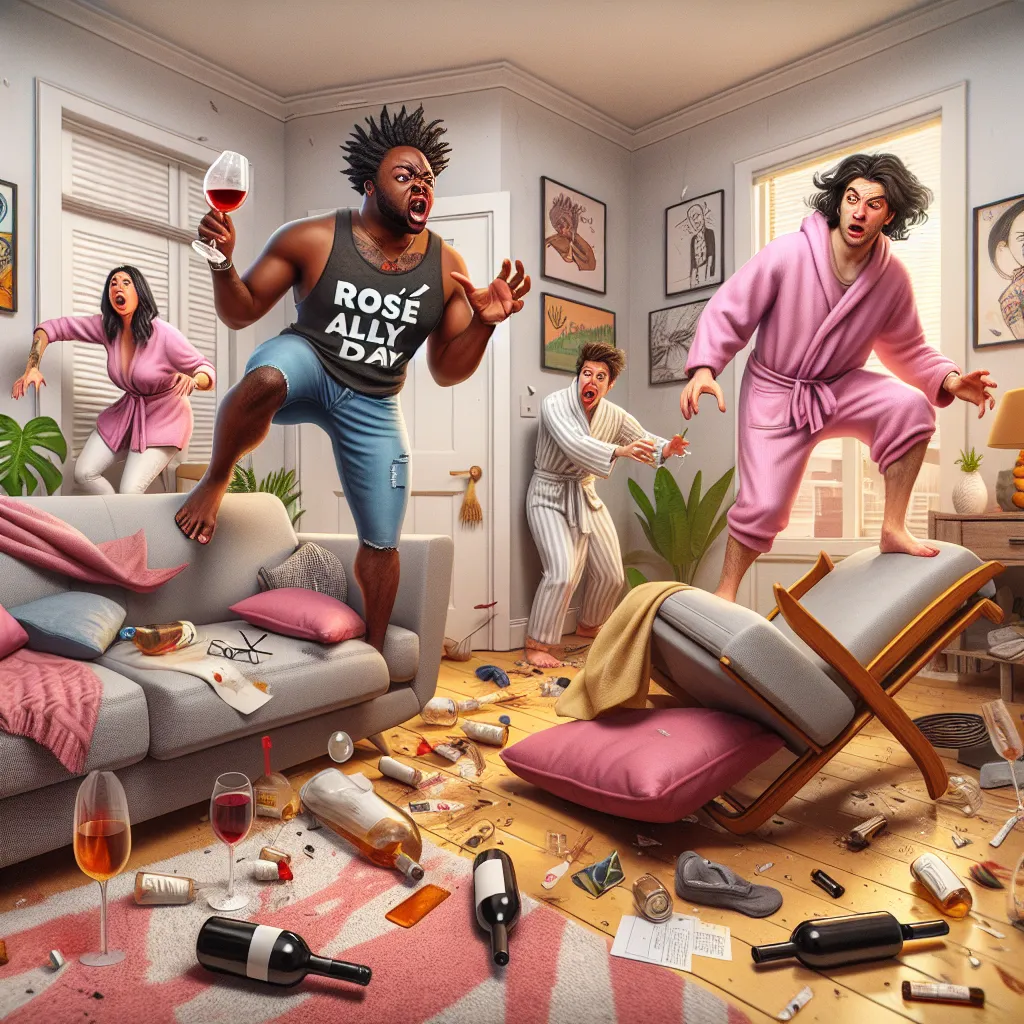 An image of a chaotic living room with a person in a "Rosé All Day" tank top in a state of drunken confusion while another person, wearing flexi-pants, clumsily interacts with their surroundings. Another person, looking awkward in a bathrobe, stands nearby. The scene captures the aftermath of a mind-swapping mishap, showcasing the humorous mayhem of the situation.