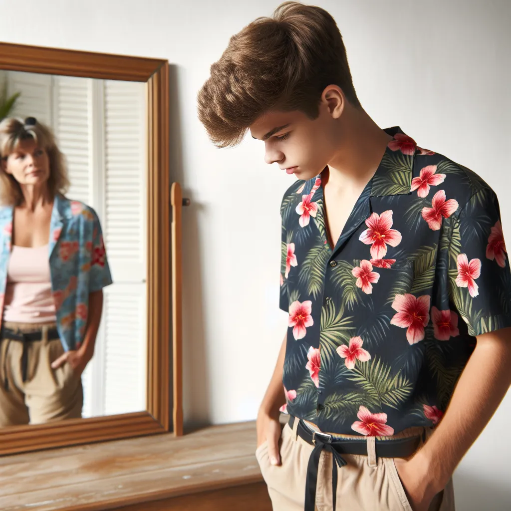 A teenage boy stands in front of a mirror, wearing a floral bikini, as he marvels at his new appearance as his mom.