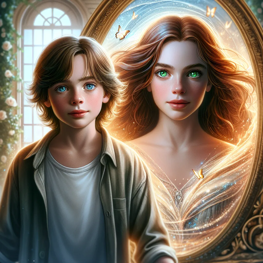 A visual representation of Oliver James Harper, a four-year-old boy who transforms into a young woman named Chloe through a magical occurrence while both character's images blend in the mirror, symbolizing their intertwined lives and shared memories.