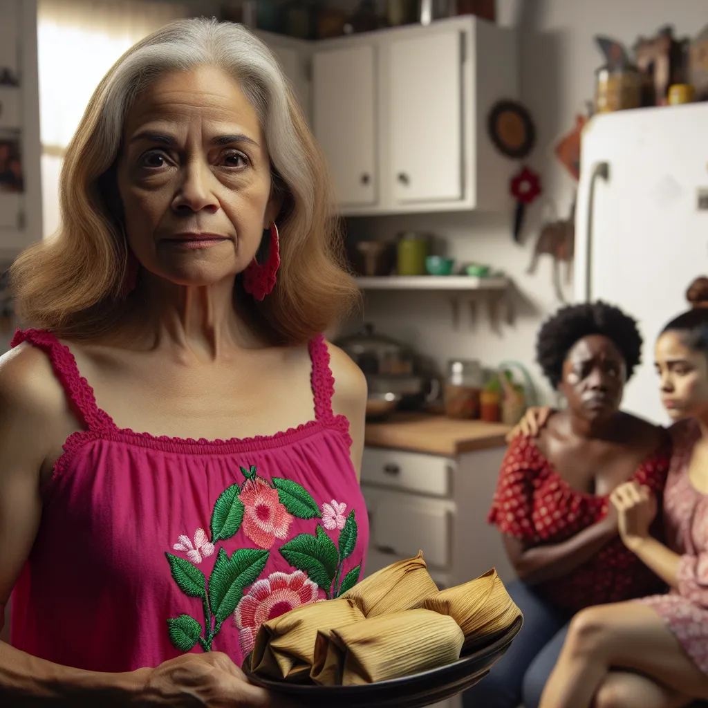 The image accompanying this story could be a depiction of Sofia Garcia standing in the kitchen, wearing a bright pink tank top with floral embroidery on the neckline. She could be shown holding a plate of tamales with a concerned expression on her face, as Nancy Jackson and Patricia Jackson sit nearby, visibly distressed. The focus of the image should be on Sofia, capturing her warm and nurturing nature, as well as the complexity of her situation.