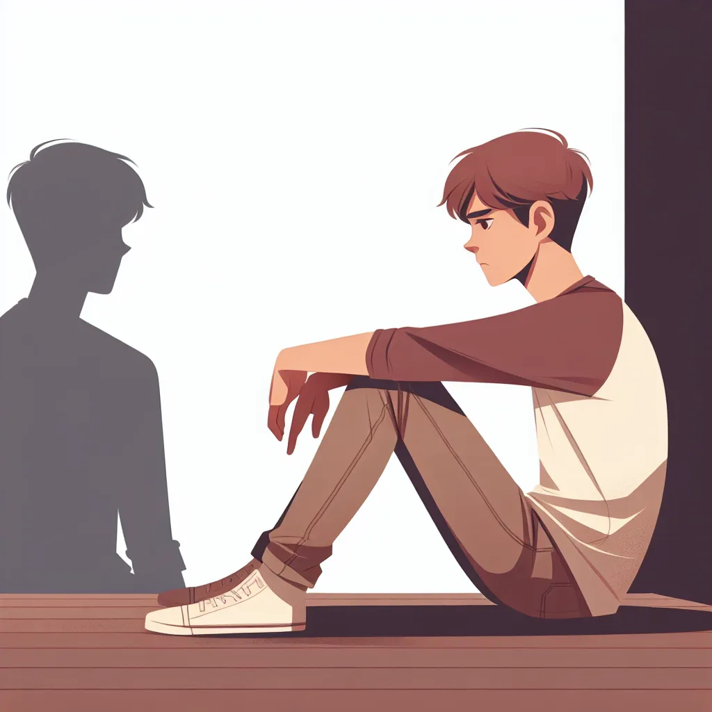 The image is of a young person, embodying the character of Yoshika Miyafuji from "Wings of Transcendence: A Body Swap Saga." They are shown in an introspective moment, struggling with their new identity in a body swap experience. The character is depicted in a conflicted pose, symbolizing the complexities of gender dysphoria, identity, and societal expectations.