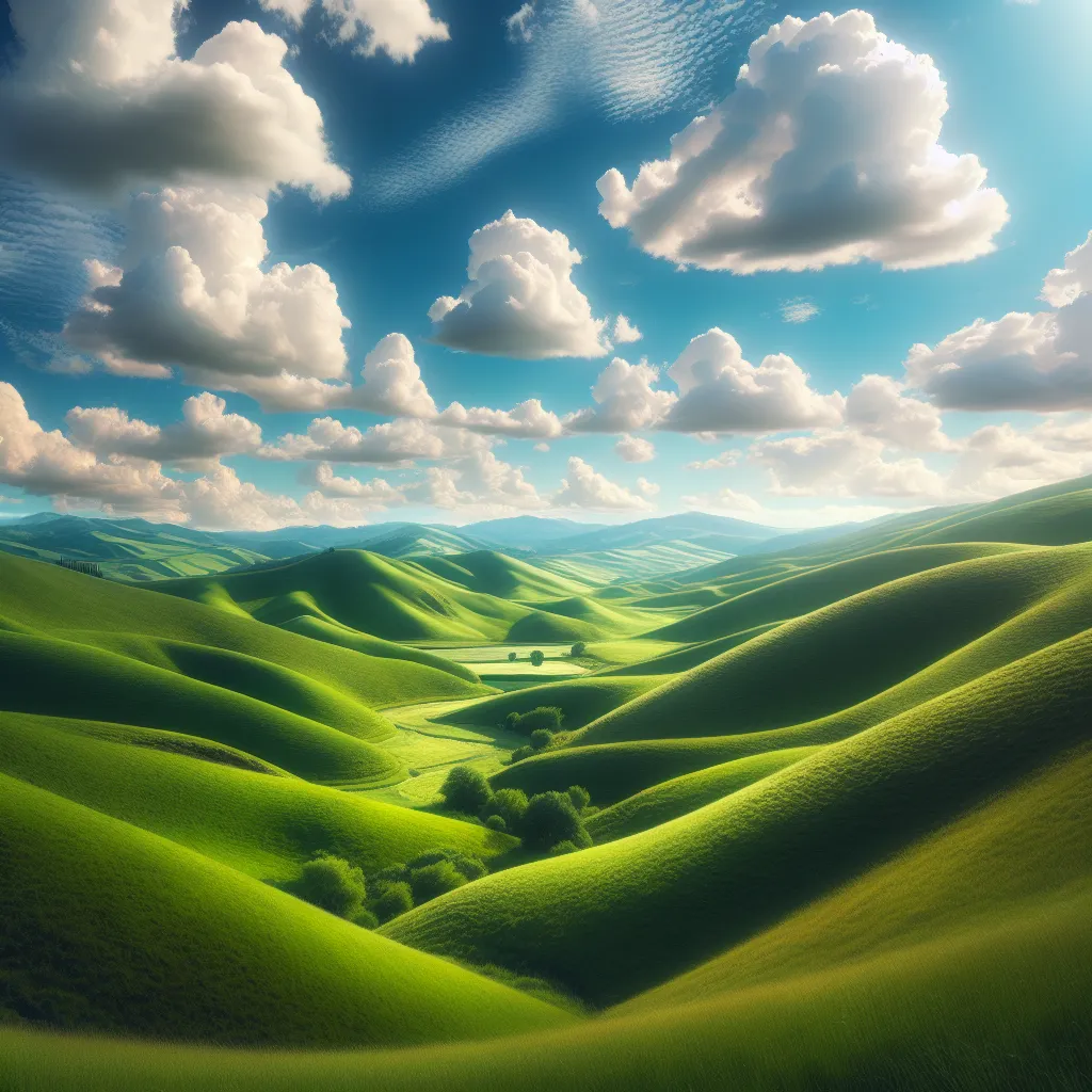 A serene landscape of rolling hills covered in vibrant green grass, with a bright blue sky and fluffy white clouds overhead.