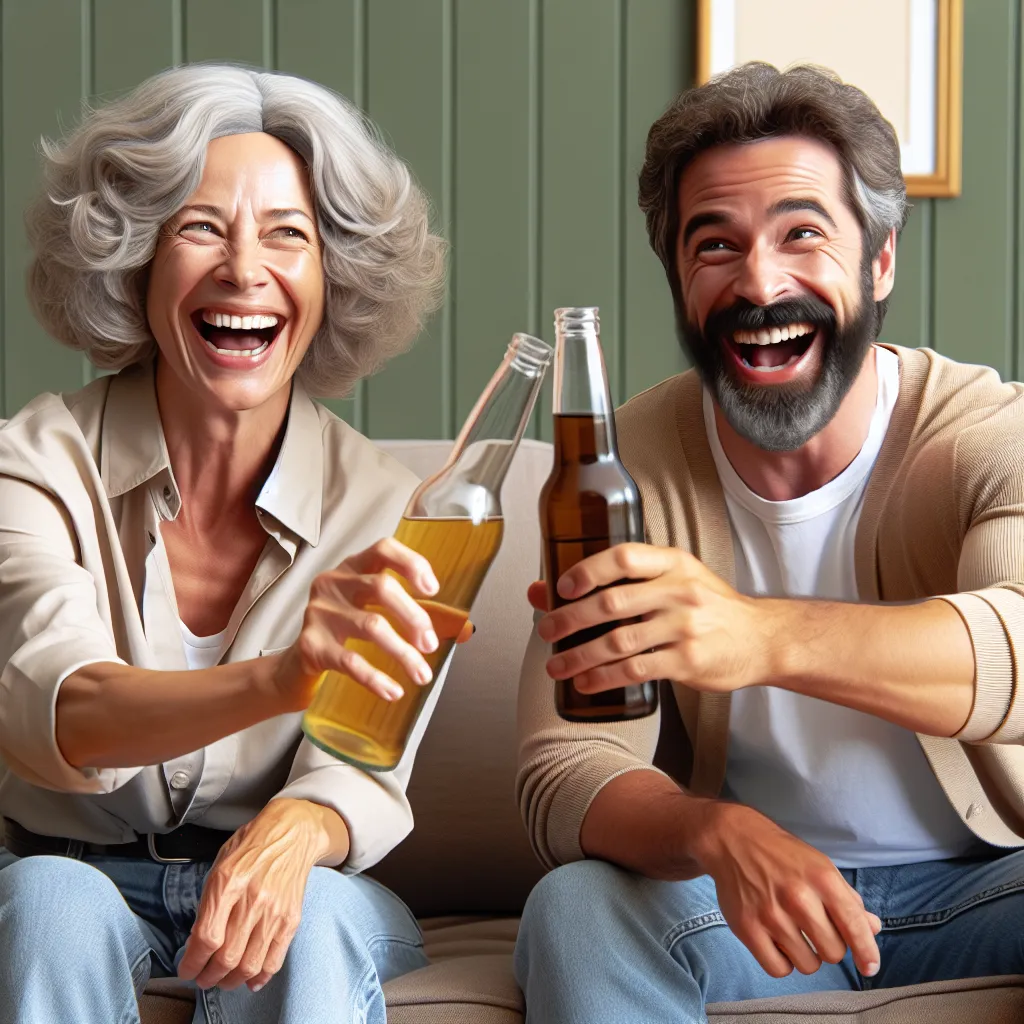 The image depicts two friends, one in the body of his middle-aged mother and the other in his own body, laughing and enjoying a day of hilarity and mischief. They are seen sitting in a living room, holding bottles of beer, and toasting to their strange yet unforgettable experience.