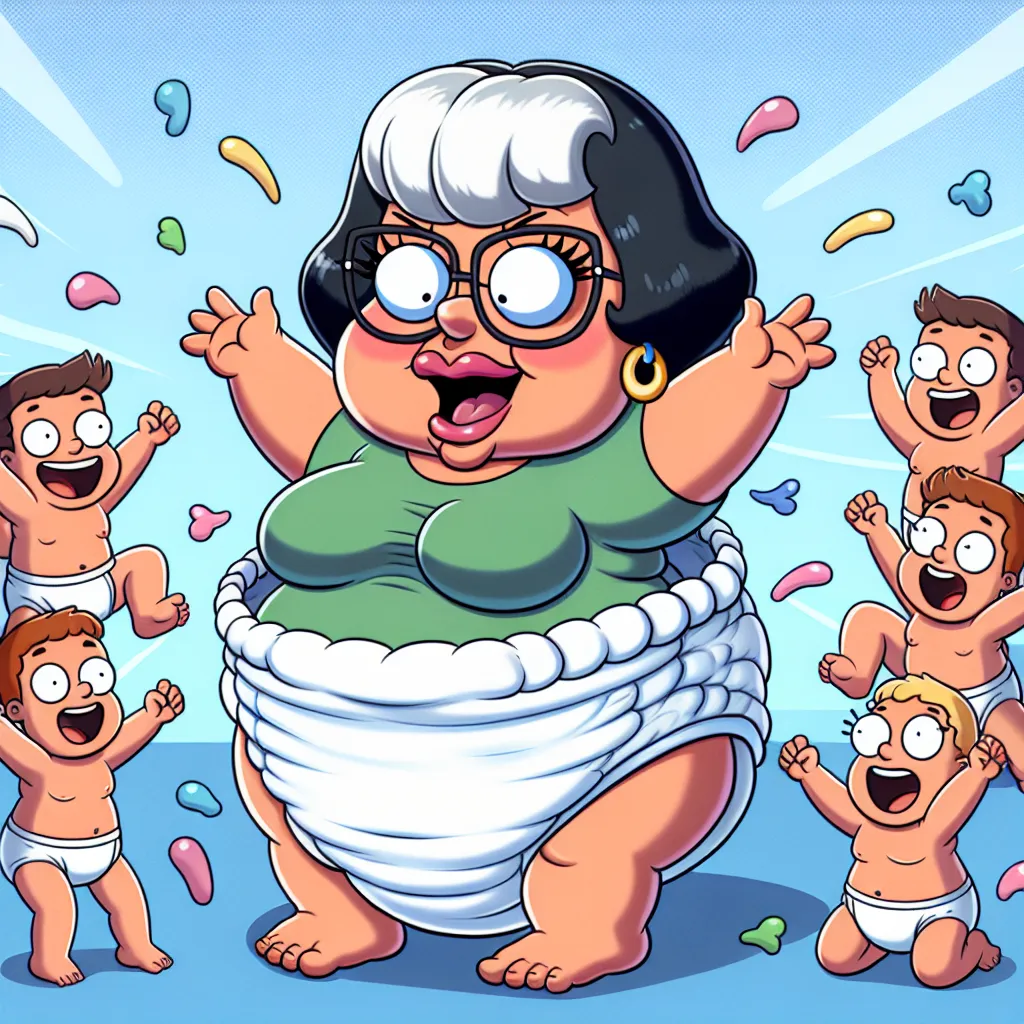 A humorous image featuring Rita Loud, the mother from the Loud family, transformed into a baby. She is shown wearing a giant diaper and surrounded by her children, who are laughing and playing with her.