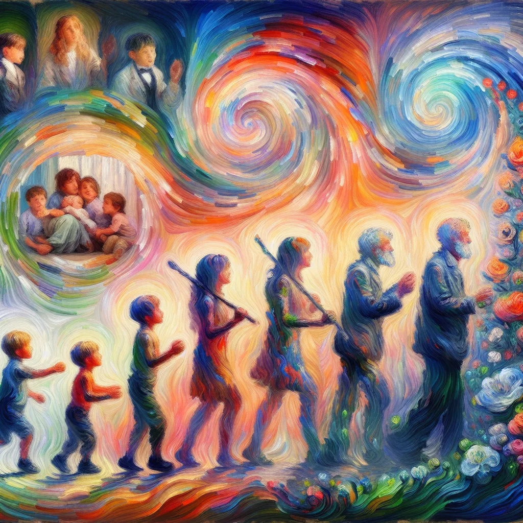 Child, Transformation, Family, Memories, Adventure in the style of Monet