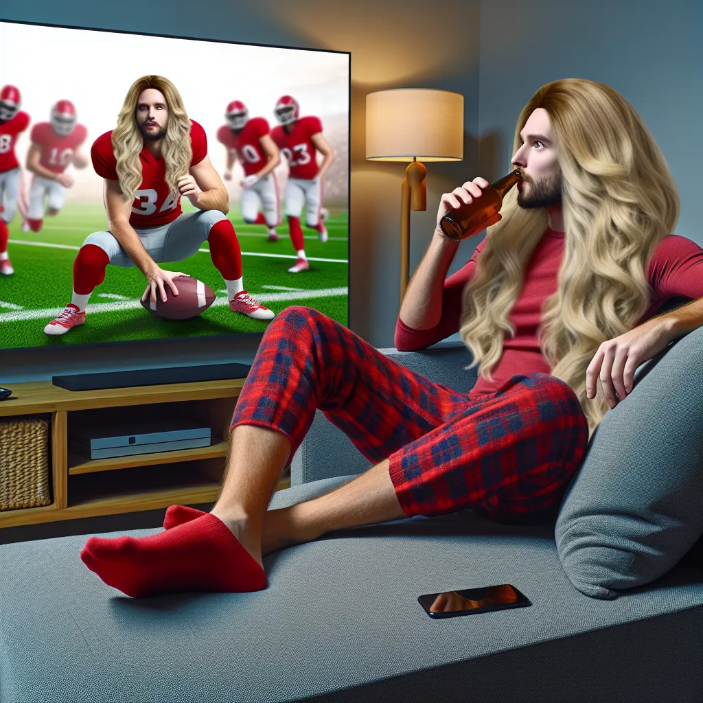 An image of a man sitting on a couch, transfixed by a football game on the television, holding a beer in one hand while nonchalantly sipping from it. He is completely unaware of the drastic transformation his body has undergone, now appearing as an attractive, curvaceous woman in red lingerie with blonde hair flowing down her back. The room is filled with a mix of excitement, disbelief, and amusement as the person who transformed them observes the scene with a mixture of satisfaction and mischie