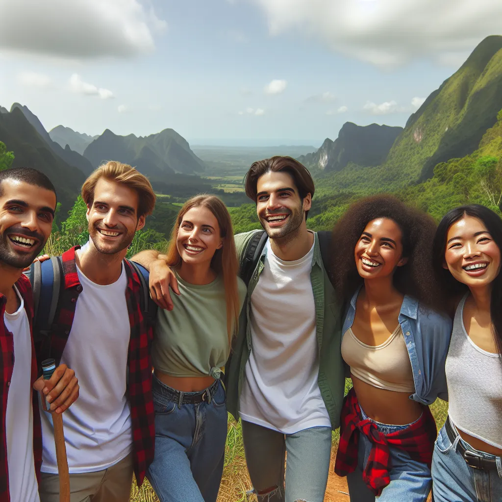 A group of friends enjoy a scenic hike in the mountains, surrounded by lush greenery and breathtaking vistas.