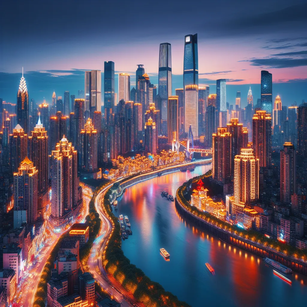 "A mesmerizing cityscape at dusk, with towering skyscrapers illuminated by a vibrant array of lights, juxtaposed against a tranquil river weaving through the bustling metropolis."