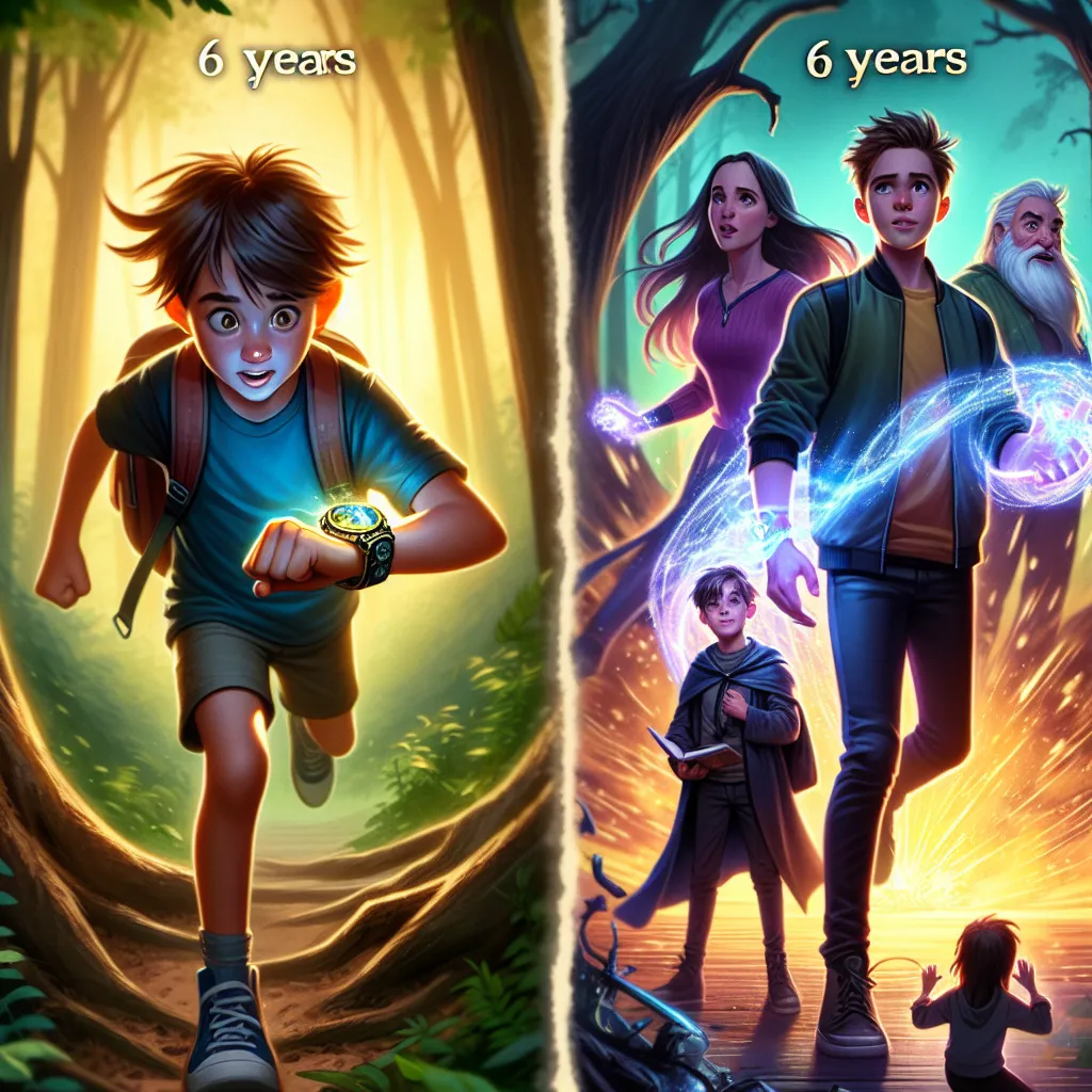 A young boy wearing an Omnitrix watch on his wrist runs through the forest towards a glowing object that has crashed to the ground. Six years later, a teenage boy and a girl with magical abilities stand together, discussing their plan to defeat a powerful enemy named Malware. The image should portray Angel Quinteors and Gwen Tennyson in a determined pose, ready to take on the challenges ahead, with the younger version of Angel standing nearby, adding a touch of mischief to the scene.