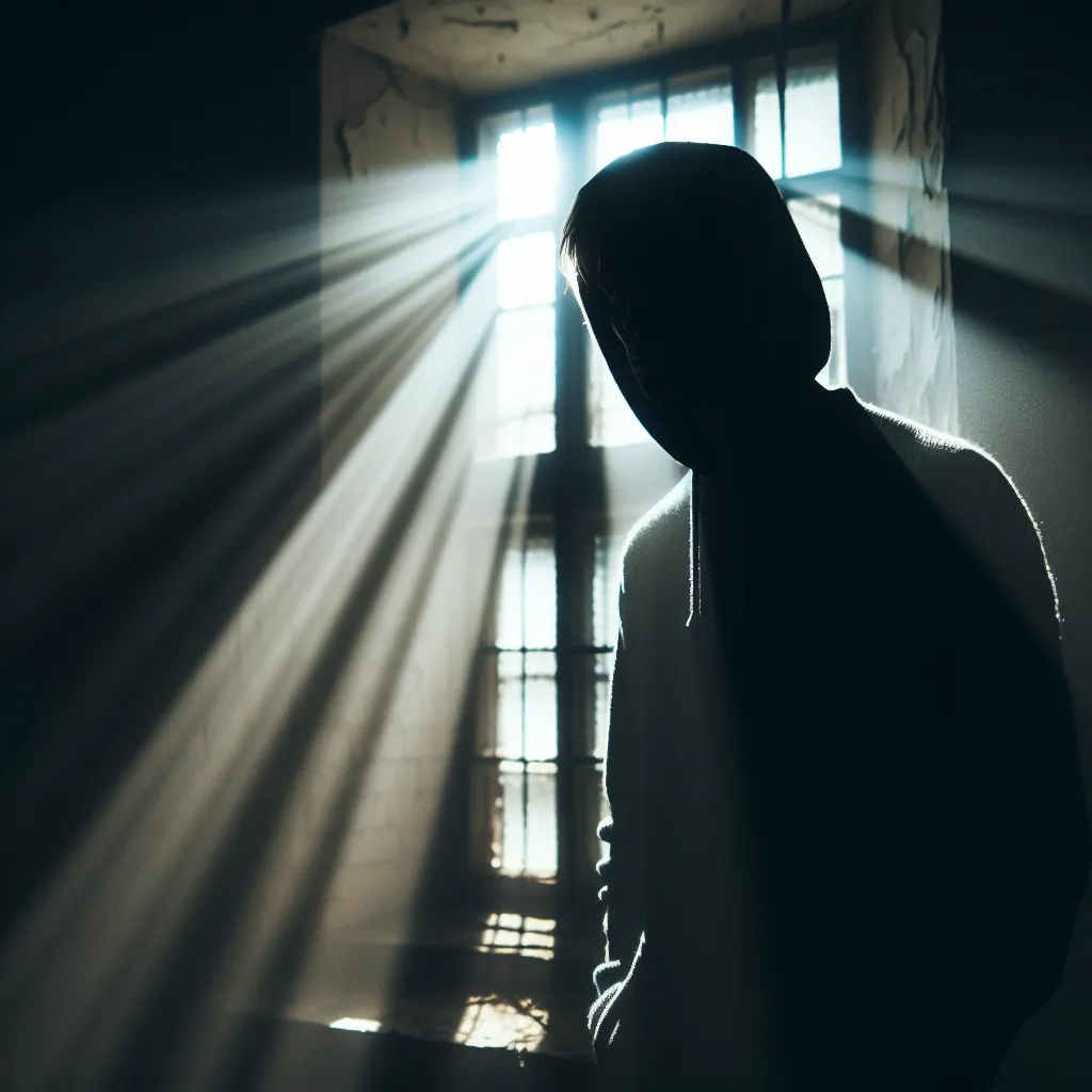 Description: A mysterious figure stands alone in a dimly lit room, silhouetted against a beam of light filtering through a cracked window. Their face is partially hidden, adding an air of intrigue and suspense to the scene.