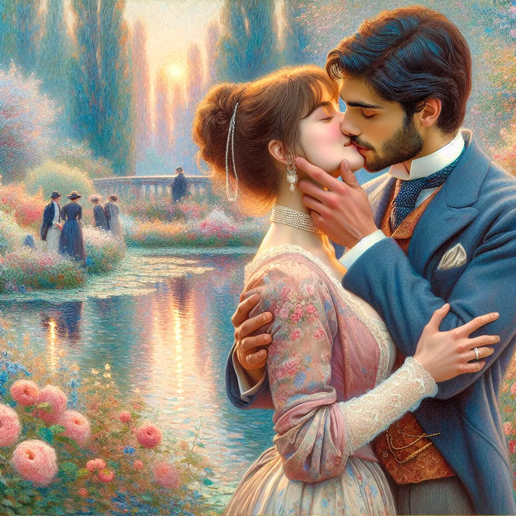 Romantic, Sensory, Embrace, Intimate, Kiss. in the style of Monet