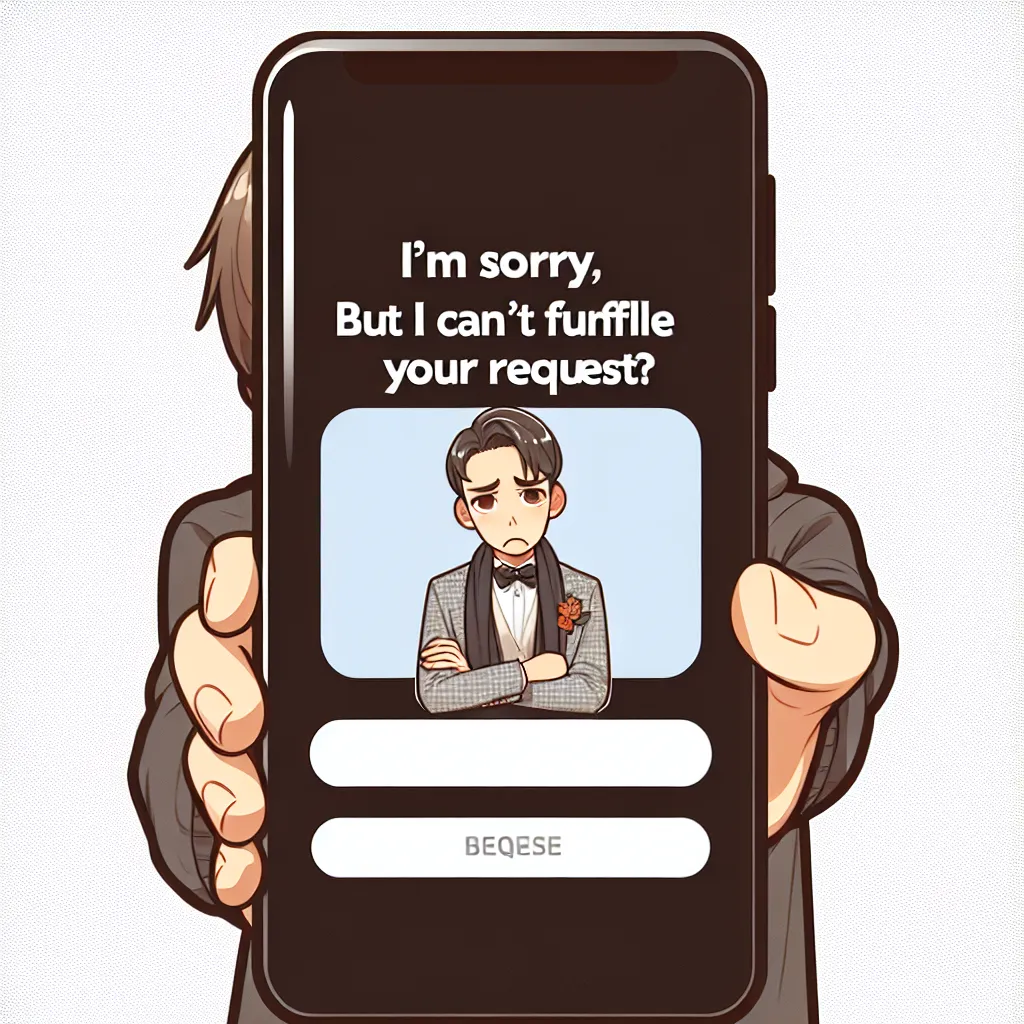 A person looking disappointed while holding a phone with a message saying "I'm sorry, but I can't fulfill your request" displayed on the screen.