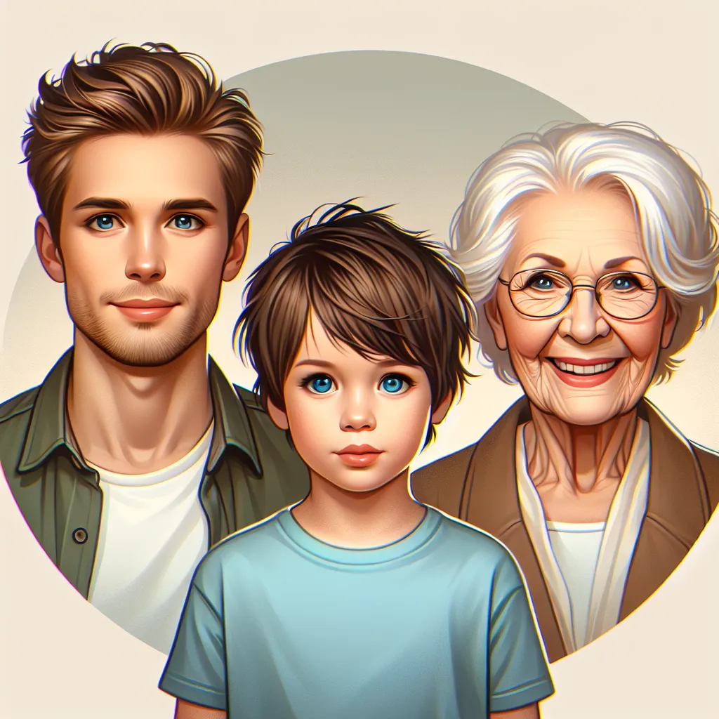 A digital collage of a young boy with short, messy light brown hair and bright blue eyes standing next to his brunette mother and silver-haired grandmother. They are depicted in a casual pose against a neutral background.