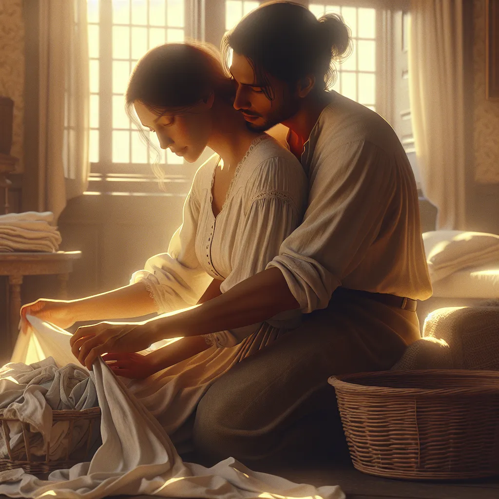 A romantic moment captured as a woman folds laundry in the soft afternoon light, embraced from behind by her partner. The image conveys a blend of desire, insecurity, and the yearning for a love that unfolds slowly and tenderly.